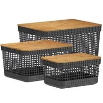 Kit de Cestos Tampa Bambu 3 Tamanhos Preto - Ou