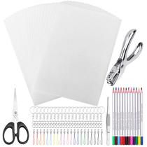 Kit de chaveiros shynek Shrinky Plastic Sheets, kit de arte retrátil de 125 unidades, incluindo 20 peças de folhas de papel retráteis, furador, lápis, chaveiros, pinças, tesouras para artesanato e chaveiros