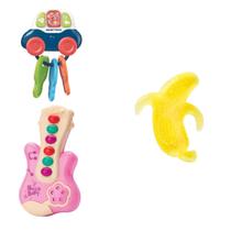 Kit De Chocalho Para Bebê De Carrinho Musical Guitarra Com 6 Sons e Mordedor De Banana Com Água Para Dentição Atóxico