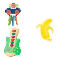 Kit De Chocalho Para Bebê De Carro Guitarra Musical Com 6 Músicas e Mordedor De Banana Com Água Alívio Da Dentição