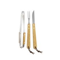 Kit de Churrasco 3 Pçs Utensílio Churrasqueiro Garfo Faca e Madeira em Aço Inox e Madeira