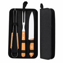 Kit de Churrasco 3 Peças em Aço Inox com Cabo de Madeira + E Kit de Churrasco 3 Peças em Aço Inox com Cabo de Madeira + E
