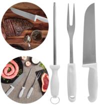 Kit De Churrasco 3 Peças Faca Garfo Chaira Inox