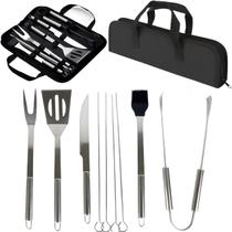 Kit de Churrasco C/ Estojo Utensílio de Cozinha Inox Jogo 9 Pçs Acessórios Resistente Faca Garfo Espátula Pincel Pinça