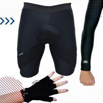 Kit de Ciclista - Bermuda Térmica Em Malha com Proteção UV 50+ de Ciclismo Acolchoada + Luva de Proteção para Ciclismo + Manguito em Malha com Proteçã