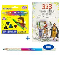 Kit de Colorir Infantil Livro Biblico + Big Giz de Cera + 1 Lápis de Cor de Brinde