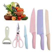 Kit de Conjunto Facas Coloridas Tesoura Descascador Cozinha Gourmet 6 Peças