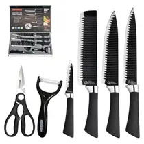 Kit de Conjunto Facas Tesoura Descascador Cozinha Gourmet 6 Peças Preto Kit de Conjunto Facas Tesoura Descascador Cozinha Gourmet 6 Peças Preto