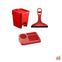 Kit de Cozinha 3 Peças Lixeira Rodinho de Pia Porta Detergente e Esponja Praticidade Organização Ver