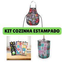 Kit De Cozinha Avental Estampado + Puxa Saco Estampado + Capa Para Botijão Estampado