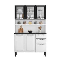 Kit de Cozinha Compacta Branco e Preto 120 em Aço 6 Portas 3 Vidros 2 Gavetas Pratika
