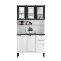Kit de Cozinha Compacta Branco e Preto em Aço 6 Portas 3 Vidros 2 Gavetas Pratika