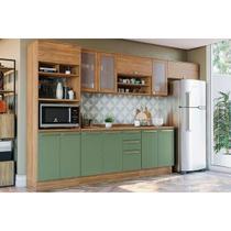 Kit de Cozinha Completa 8 Peças Botanic (3Aéreos+2Balcões+1Paneleiro+2Complementos) M663 Nogueira/Verde Oliva - Kappesberg