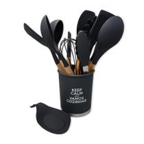 Kit De Cozinha Silicone E Madeira Contém 13 Peças Preto