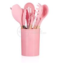 Kit de Cozinha Utensílios de Silicone Conjunto de 12 Peças Resistente e Fácil de Limpar Rosa