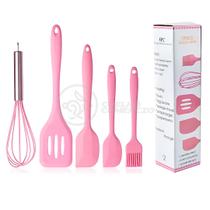 Kit de Cozinha Utensílios de Silicone Kit 5 com Peças Batedor Manual Espátulas Pincel - Rosa