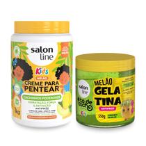 Kit de Creme Pentear Desembaraçante Hidratante 1Kg + Gelatina Definição Prolongada Brilho Extremo Kids Cachos Melão 550g, Salon Line