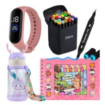 KIT de criança Livro de colorir Caneta Touch 24 Cores Relogio Led Garrafinha de agua infantil
