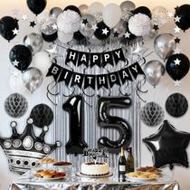 Kit de decoração de aniversário RBYOO preto e prata para 15 anos Kit de decoração de aniversário RBYOO preto e prata para 15 anos