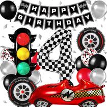Kit de Decoração de Festa Tema Carro de Corrida Cruslheep com Balão Número 4 de 40" Kit de Decoração de Festa Tema Carro de Corrida Cruslheep com Balão Número 4 de 40"