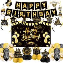 Kit de decorações de aniversário OXSHHGF Black Gold Feliz Aniversário