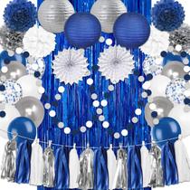 Kit de decorações de festa: azul marinho, branco, prata, 46 unidades