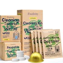 Kit de descalcificação e limpeza Freelivity compatível com Nespresso Vertuo com 4 soluções de pó descalcificante, 12 comprimidos de limpeza, 1 cápsula reutilizável