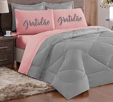 Kit de Edredom Casal Queen 05 Peças MICROFIBRA BASICO ROSA CINZA GRATIDÃO
