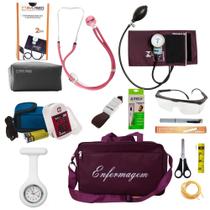 Kit de enfermagem bordô com oxímetro e relógio