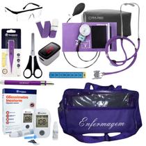 Kit de enfermagem com esfigmo esteto medidor de glicose oxímetro e bolsa transparente
