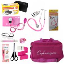 Kit de Enfermagem Rosa premium com Esfigmo e Estetoscópio
