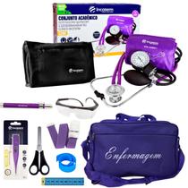 Kit de enfermagem roxo com esfigmomanômetro e estetoscópio