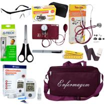 Kit de enfermagem vinho premium com estetoscópio e esfigmomanômetro completo