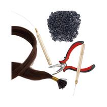 Kit De Extensão De Cabelo Com Micro Anéis De Silicone Preto Com Alicate, Gancho De Puxar E