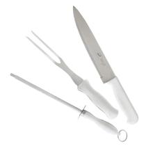 Kit de Facas 3 Peças Faca do Chef Garfo e Chaira Cabo Branco