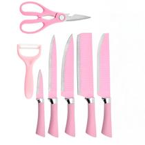 Kit de Facas Inox com Tesoura 6 Peças para Cozinha Corte Preciso Cores Preto ou Rosa