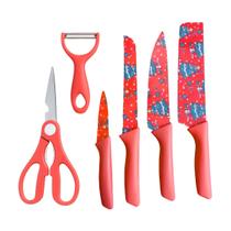 Kit de Facas Vermelhas Natal 6 Peças Tesoura e Descascador