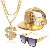 Kit de fantasias Svovin Hip Hop Gold Rapper Hat e colar de óculos de sol