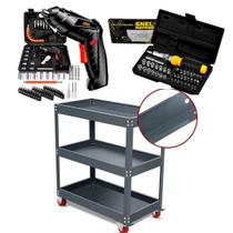 Kit de Ferramentas Profissional com Jogo de Bits e Soquetes, Carrinho para Ferramentas e Parafusadeira Angular Bateria 5V