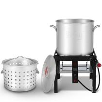 Kit de Fogão e Panela para Cozimento de Frutos do Mar Feasto 100 QT em Alumínio Kit de Fogão e Panela para Cozimento de Frutos do Mar Feasto 100 QT em Alumínio