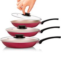 Kit de Frigideiras com Tampa 3 peças Panelux Magnific Cereja Antiaderente Bege