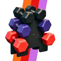 Kit de Halteres Sextavados com Suporte, 3 Pares 1kg 2kg 3kg, Plástico, Preto Roxo Vermelho.