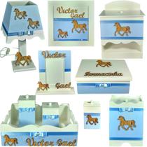 Kit de Higiene bebê Mdf 10 peças - Cavalo Azul bb menino Kit de Higiene bebê Mdf 10 peças - Cavalo Azul bb menino