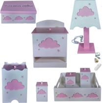 kit de higiene bebe mdf 8 pçs Nuvem menina tampas Rosa
