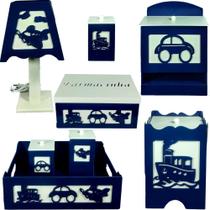 kit de higiene bebe mdf 8 pçs Transporte azul marinho tampas brancas
