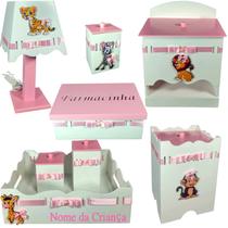 Kit de Higiene bebê mdf menina feminino SAFARI MENINA BRANCO TAMPAS ROSA Kit de Higiene bebê mdf menina feminino SAFARI MENINA BRANCO TAMPAS ROSA