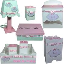 Kit de Higiene bebê mdf menina - Nuvem branco tampas rosa bb Kit de Higiene bebê mdf menina - Nuvem branco tampas rosa bb
