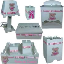 Kit de Higiene bebê mdf menina - ursinha bailarina branco e rosa bb Kit de Higiene bebê mdf menina - ursinha bailarina branco e rosa bb
