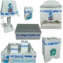 Kit de Higiene bebê mdf menino masculino DINOSSAURO MENINO BRANCO AZUL BB Kit de Higiene bebê mdf menino masculino DINOSSAURO MENINO BRANCO AZUL BB