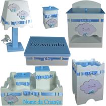 Kit de Higiene bebê mdf menino - Nuvem branco tampas azul bb Kit de Higiene bebê mdf menino - Nuvem branco tampas azul bb